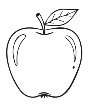 Black and white line drawing of an apple with a leaf on a white background