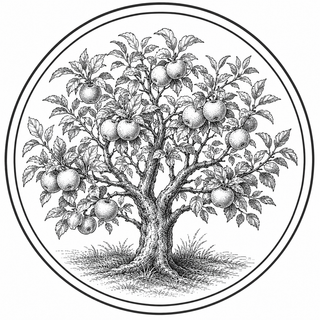 Black and white illustration of an apple tree with apples on a circular border