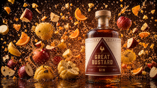 Bottle of Great Bustard Gin surrounded by flying fruits and spices on a dark background