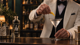 A bartender in a white tuxedo jacket garnishes a martini glass with a lemon twist, with a bottle of Martin's London Dry Gin and bar tools on the counter in a dimly lit bar setting.