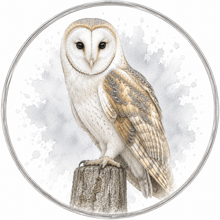 A circular illustration of a barn owl perched on a wooden post, with a gray watercolor splatter background and a thin circular border.