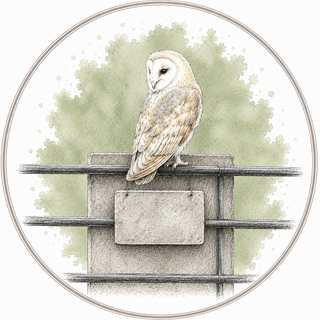 A circular illustration of a barn owl perched on a metal fence post, with a soft green watercolor background and a thin circular border.