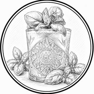 Black and white illustration of a patterned glass with flowers and leaves.