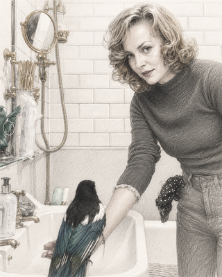 A black and white pencil-style illustration of a woman standing at a bathroom sink while holding a bird with blue and white feathers.