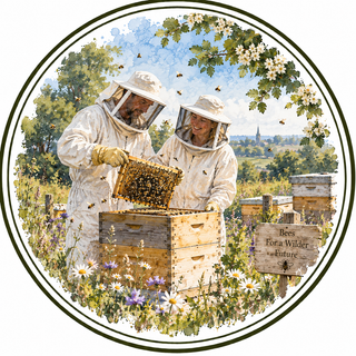 A circular watercolor-style illustration of two beekeepers in white protective suits handling a honeycomb frame outdoors among flowering fields, beehives, bees, and trees. A sign reads 'Bee For A Wilder Future.