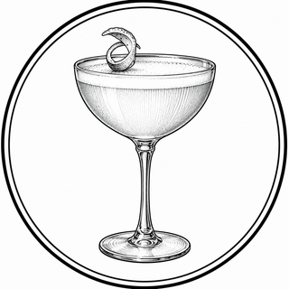 Black and white illustration of a cocktail glass with a garnish