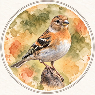 A watercolor-style illustration of a small bird perched on a log, centered inside a circular frame on a light textured background.