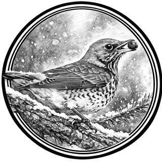 Black and white illustration of a bird on a branch with snow in the background