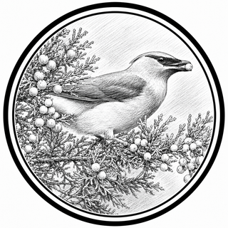 Illustration of a bird perched on branches with berries in a circular frame