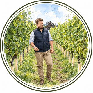 A man stands in a vineyard wearing a navy blue quilted vest with a white logo, a light blue long-sleeve shirt, and khaki pants. The image is presented in a circular watercolor-style frame on a white background.