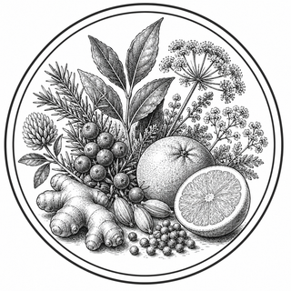 Illustration of various fruits, vegetables, and herbs on a circular background
