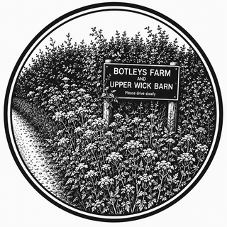 Circular black and white illustration of a farm sign with 'Botleys Farm and Upper Wick Barn' text, surrounded by foliage.