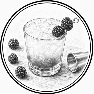 Illustration of a glass with a cocktail and blackberries on a wooden surface.