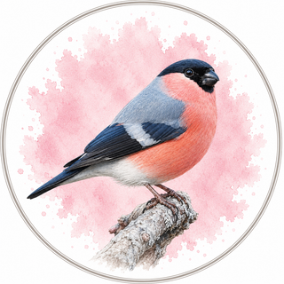 A watercolor-style illustration of a bullfinch bird perched on a branch, centered inside a thin circular border on a white background with a soft pink watercolor splash behind it.
