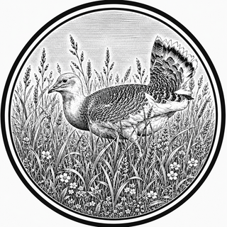Black and white illustration of a bird in a grassy field