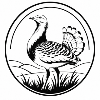 Black and white illustration of a turkey in a circular frame on a white background