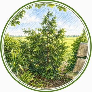 Circular image of a tree in a garden with a bench and open field.