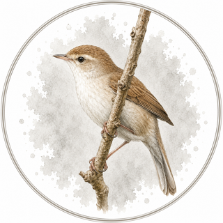 A circular art print featuring a detailed watercolor illustration of a brown and beige bird perched on a thin branch, set against a textured light gray background with a thin circular border.
