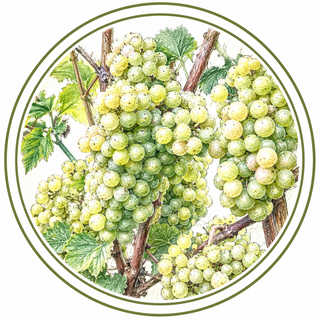 Illustration of green grapes on a vine with leaves.