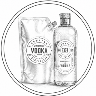 Illustration of a bottle and packaging with 'Downton Vodka Distillery' branding.