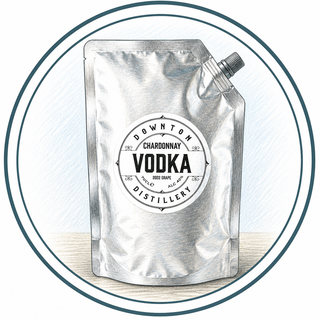 Metallic vodka packaging with 'Downton Chardonnay Vodka Distillery' label on a light background.
