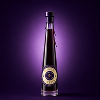 A tall glass bottle of Crème de Cassis with a black cap and a circular gold and purple label, set against a dark purple gradient background.