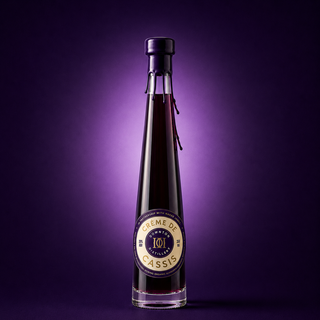 A tall glass bottle of Crème de Cassis with a black cap and a circular gold and purple label, set against a dark purple gradient background.