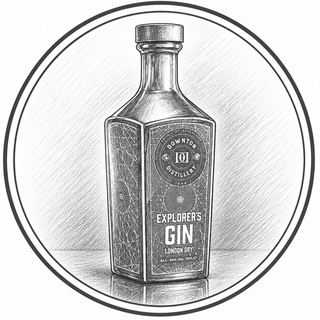 Bottle of Explorer's Gin, with roundel and lines on the bottle.