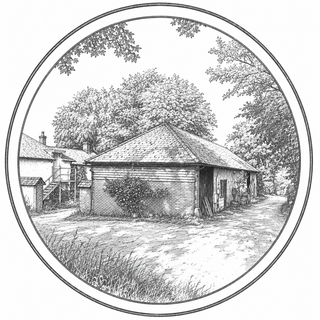 Circular illustration of a rustic building with trees in the background