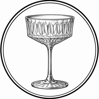 Line drawing of a decorative glass goblet within a circular border
