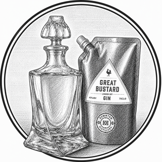 Illustration of a glass decanter and a pouch labeled 'Great Bustard Gin' on a white background.