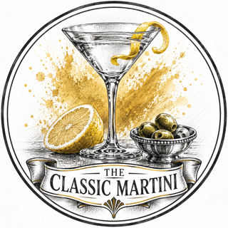 A circular illustrated logo or label reading “THE CLASSIC MARTINI,” featuring a martini glass with a curled lemon peel, a halved lemon, and a small bowl of olives on a white background with gold paint splatter.