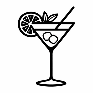 Black line drawing of a cocktail with a lemon wheel and olive on a white background