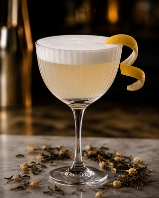 Cocktail in a glass with a lemon twist on a dark background