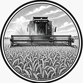Black and white illustration of a combine harvester in a field