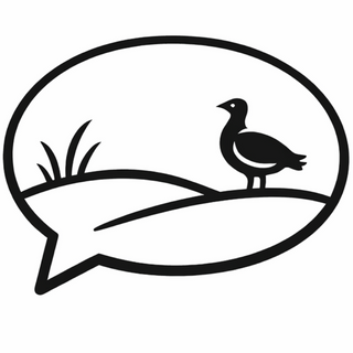 Icon showing speech bubble, fields and a great bustard