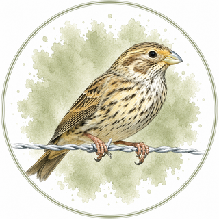 A watercolor-style illustration of a small brown and beige bird perched on a wire, centered inside a circular frame with a soft green watercolor splash background.