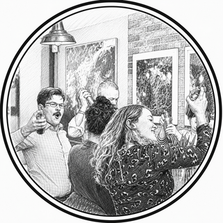 Illustration of a group of people celebrating indoors with drinks.
