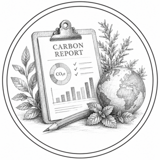 Illustration of a carbon report with a globe, leaves, and a pencil on a white background.