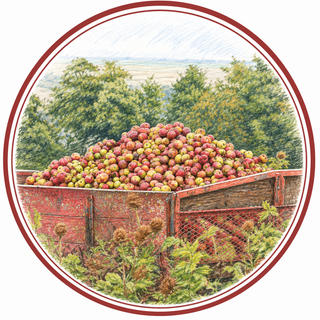 Cart full of apples with a scenic background