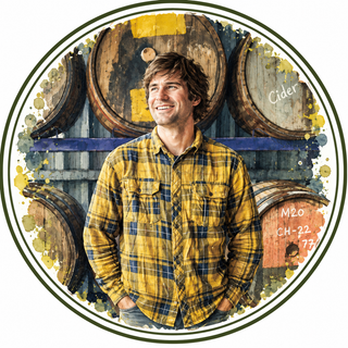 A circular watercolor-style graphic featuring a smiling man in a yellow and navy plaid shirt standing in front of wooden barrels, with the word 'Cider' and handwritten text on the barrels.