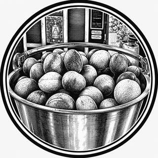 Illustration of a metal bowl filled with damsons, with a blurred background of a store interior.
