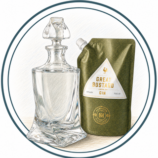 Clear glass decanter and green gin pouch with 'Great Bustard' branding on a light background.