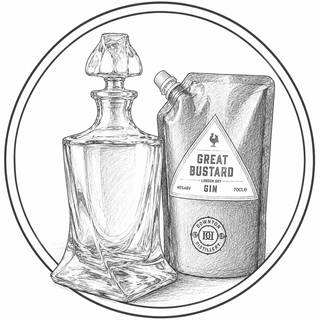 Illustration of a glass decanter and a bottle of Great Bustard Gin on a white background.