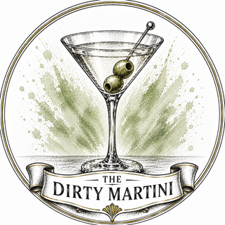 A circular vintage-style logo or label featuring an illustrated martini glass with two olives on a toothpick, green watercolor splashes behind it, and a ribbon banner reading “THE DIRTY MARTINI” at the bottom.