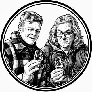 Two men holding small glasses, possibly tasting something, within a circular border.