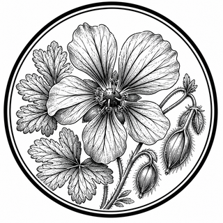 Black and white illustration of a floral design with leaves and buds in a circular frame.