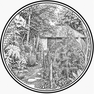 Circular view of a garden with a small wooden shed surrounded by plants and trees.