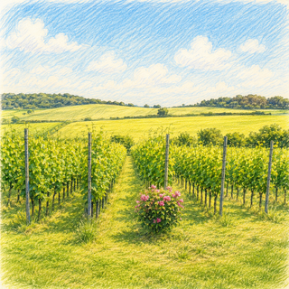 Vineyard with rows of grapevines and a clear blue sky