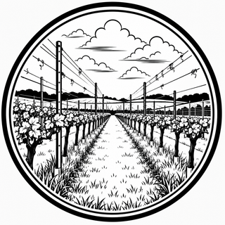 Young vines, in rows running down a hill. With a hill and wood in the background.